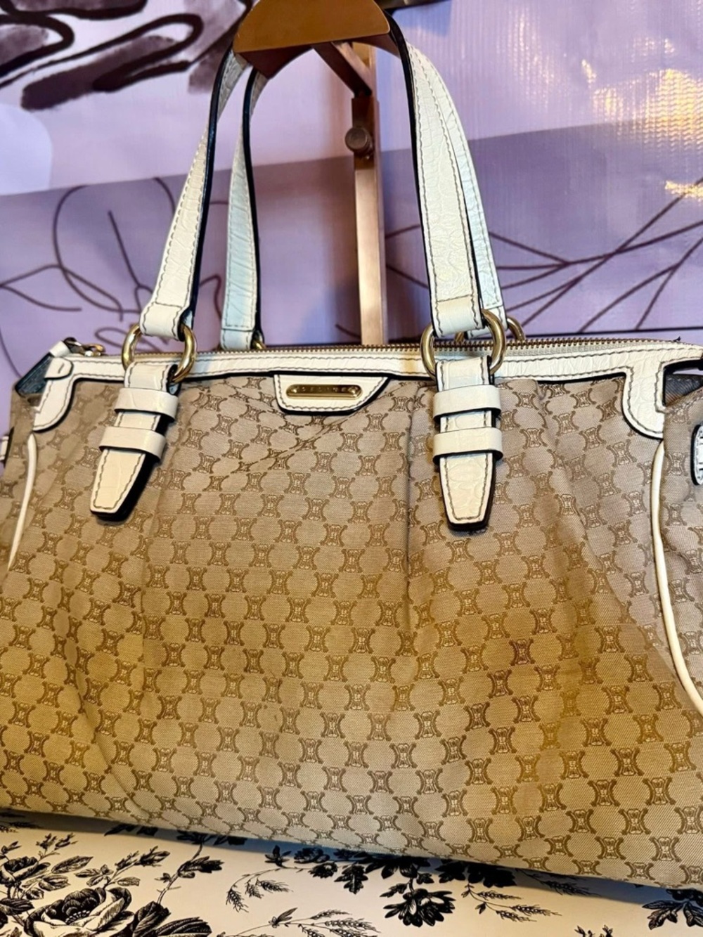 Celine Beige Monogram Tote with Metallic Cream Trim - Picture 2 of 5